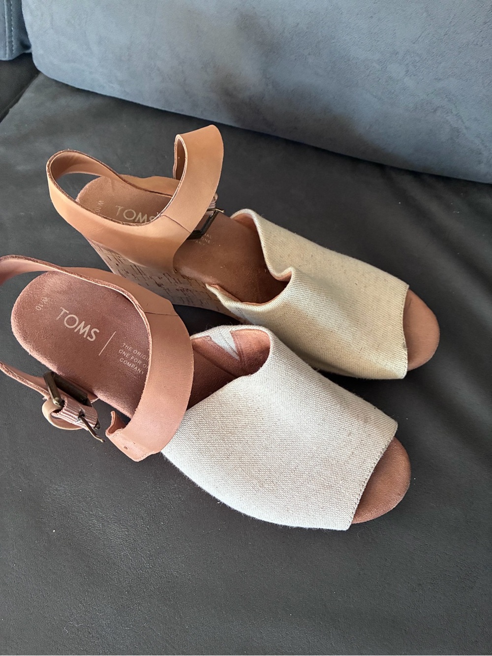 TOMS Women's Beige Canvas and Tan Leather Wedge Sandals